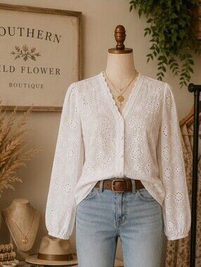 Women's White Eyelet V-Neck Blouse - Lightweight Long Sleeve Top Medium